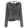 Womens Retro Printed Long Sleeve T-Shirt Slim Fit Crop Top Street Style Casual Wear