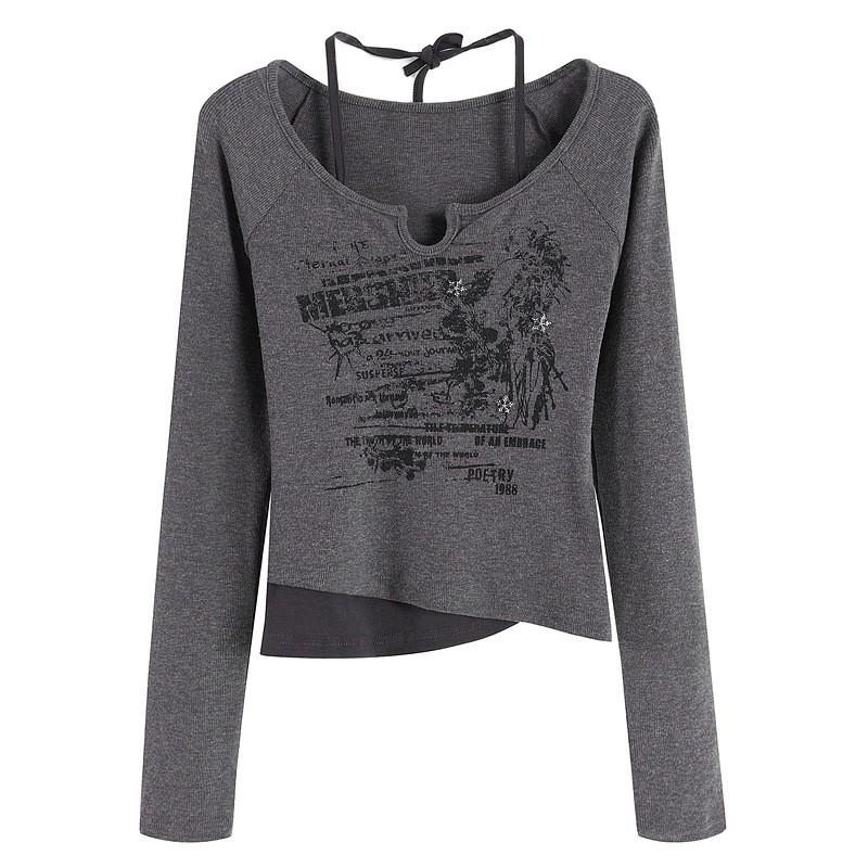 Womens Retro Printed Long Sleeve T-Shirt Slim Fit Crop Top Street Style Casual Wear