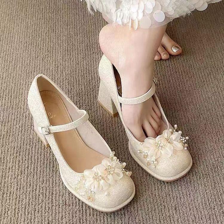 Elegant new Mary Jane high heels women's national style with cheongsam horse dress wedding shoes small bridesmaids thick heels single shoes