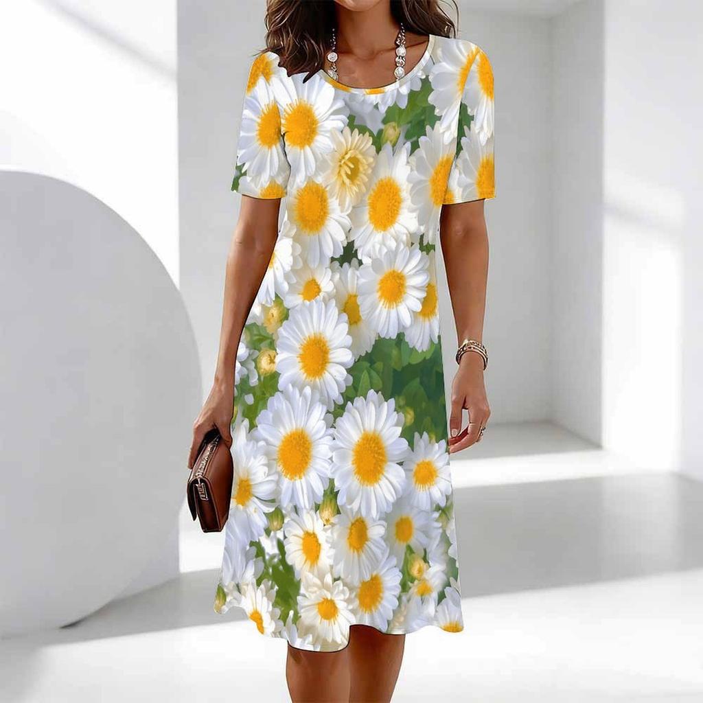 Women's Fashion Graceful Beautiful Flower Print Summer Spring Short Sleeve O-Neck Casual Dresses