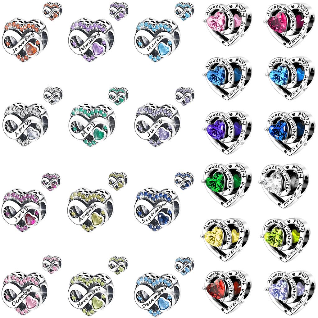 Copper 1-12 Months Charms Heart Lucky Stone Beads Zircon Pendants Fit Bracelets Necklaces Diy Jewelry Birthday Gift