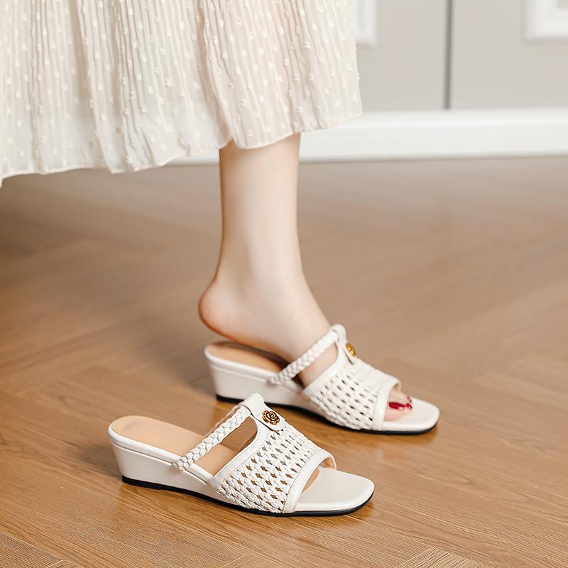 French gentle camellia weaving hollow open-toed one-word cool slippers fashionable square head slope elegant sandals
