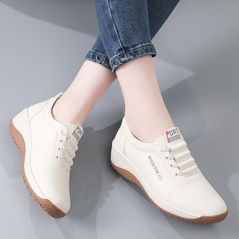 Women Platform Loafers Casual Elegant Leather Khaki Sneakers Thick Sole Height Increase Shake Shoes Large Size