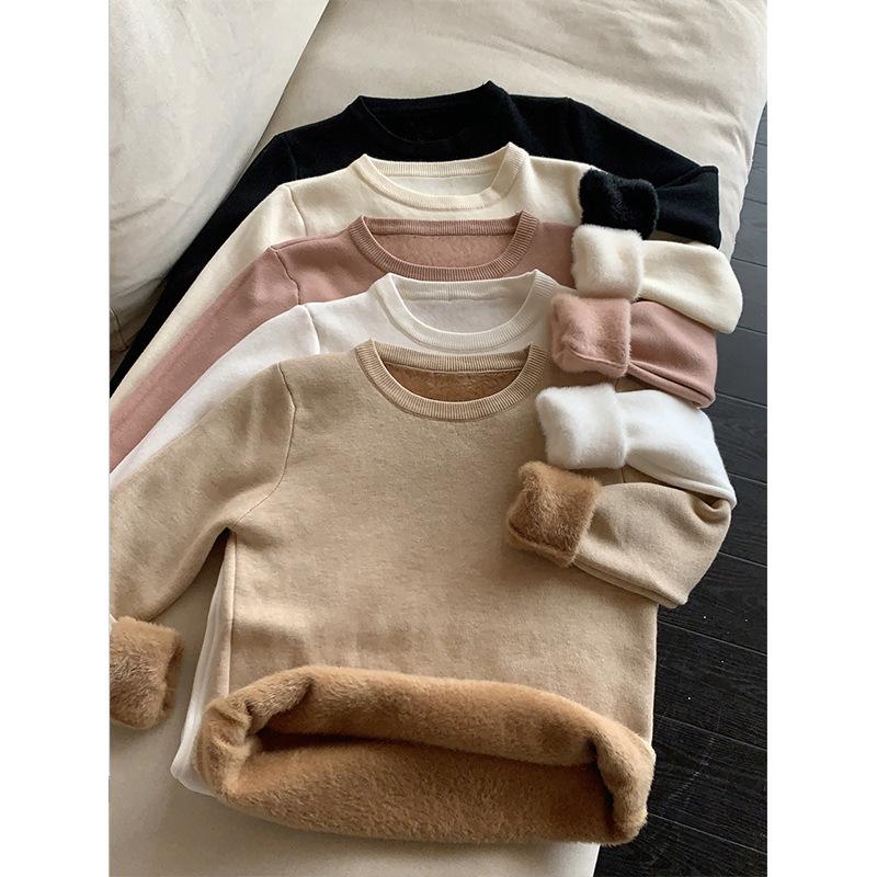 Fleece thickened crew neck top women's design sense integrated fleece sweater winter inner knitted sweater top