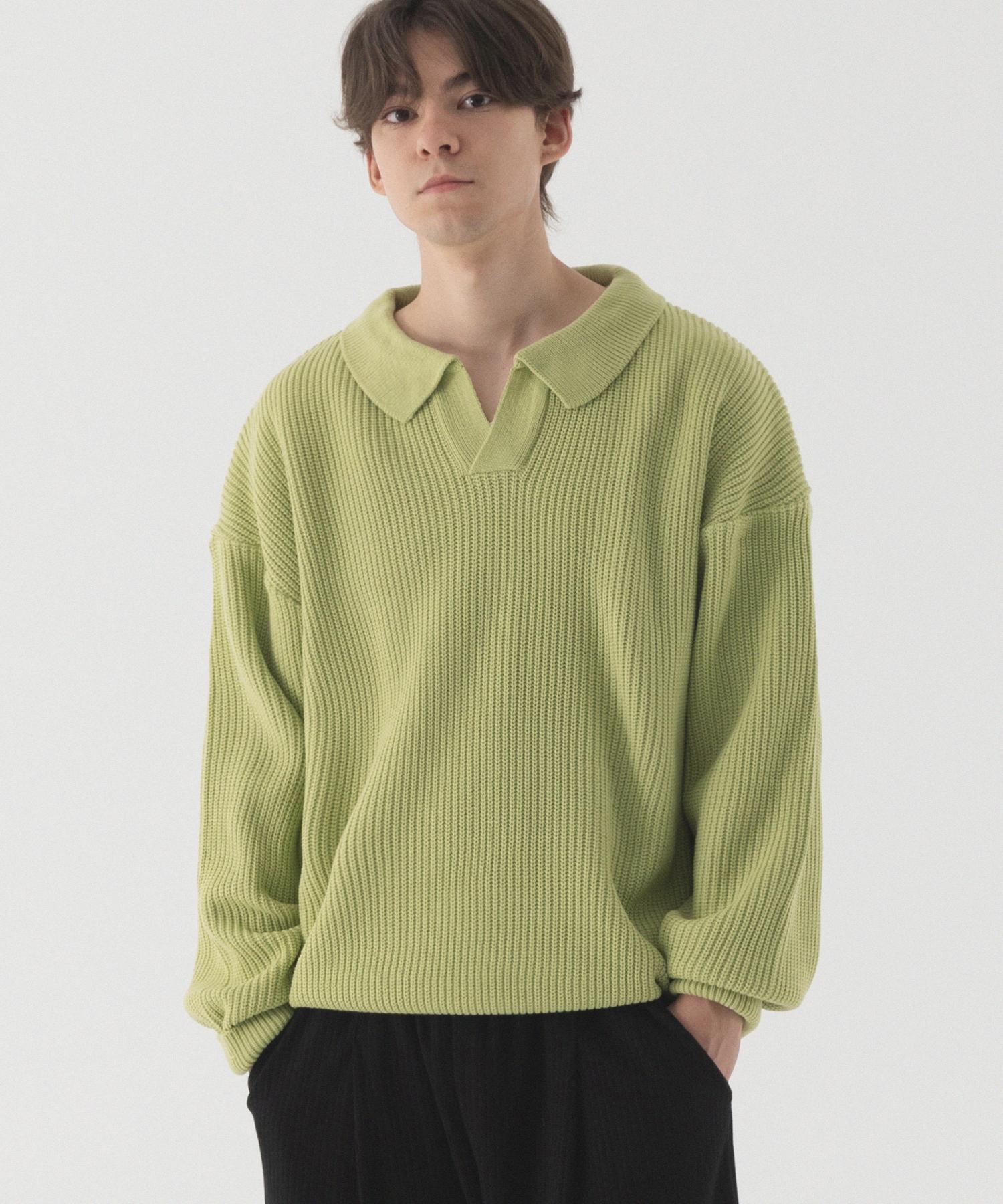 Pianer Open Collar Oversized Hacci Knit (Olive) Olive/L