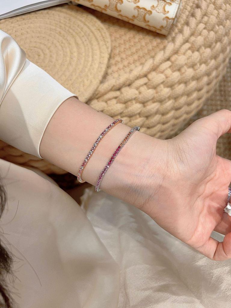 Gradient Pink Diamond 2mm Tennis Bracelet - High-End Light Luxury 925 Silver Starlight Design for Women
