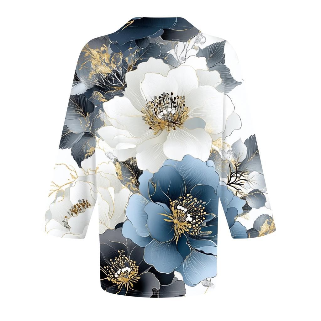 Women's Fashion Casual Lapel 3/4 Sleeve Print Shirt Women's Button Up Tops
