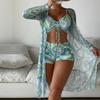 Msfilia Women's Swimsuit Split Three Piece Set High Waist Long Sleeve Ins Overshirt Drawstring Printed Bikini Suits