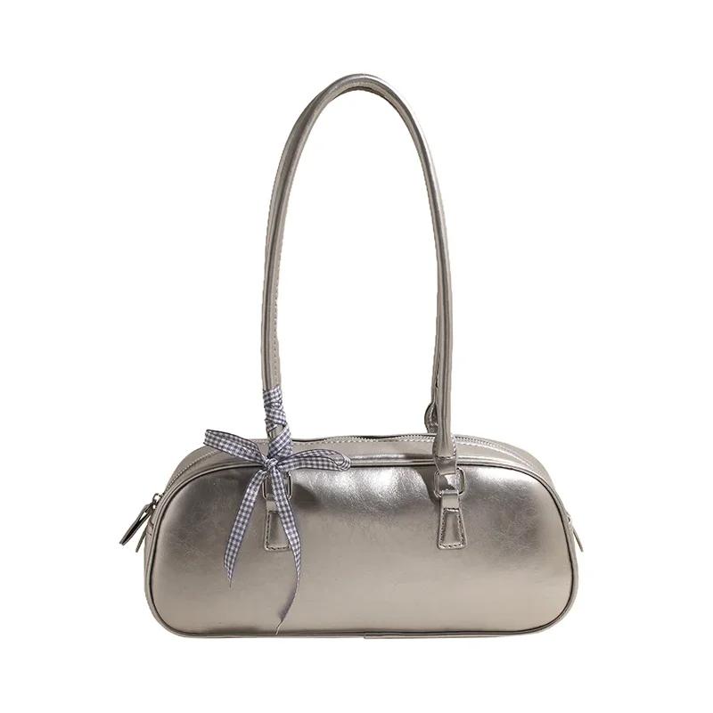 Fashion handbag with a bow for women simple underarm bag of solid color large capacity pillow bag