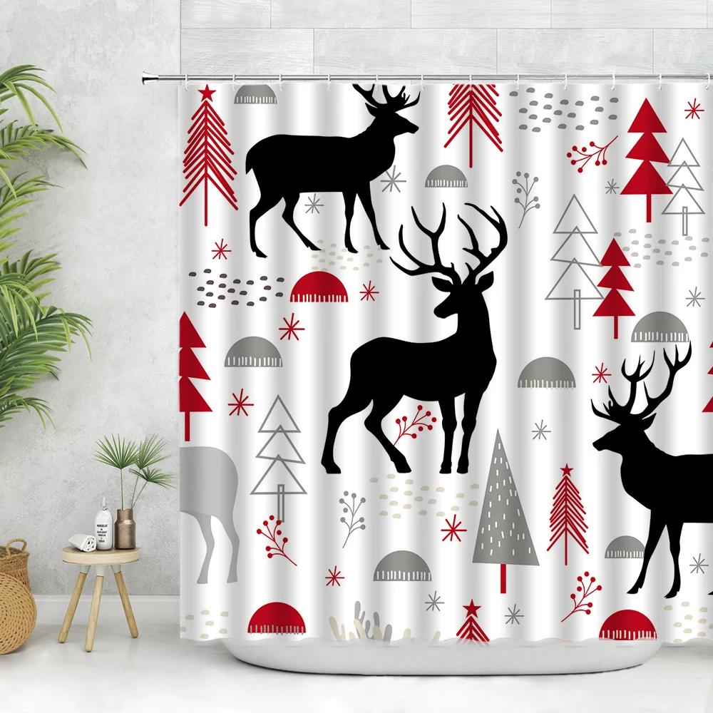 Cartoon Snowflake Snowman Shower Curtains Set Merry Christmas Deer Pine Tree Santa Claus New Year Bathroom Decor Fabric Curtains