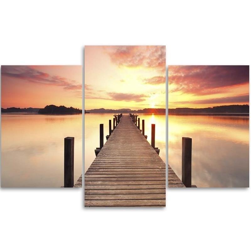 Dreiteiliger Leinwanddruck „Footbridge Lake Sunset“.