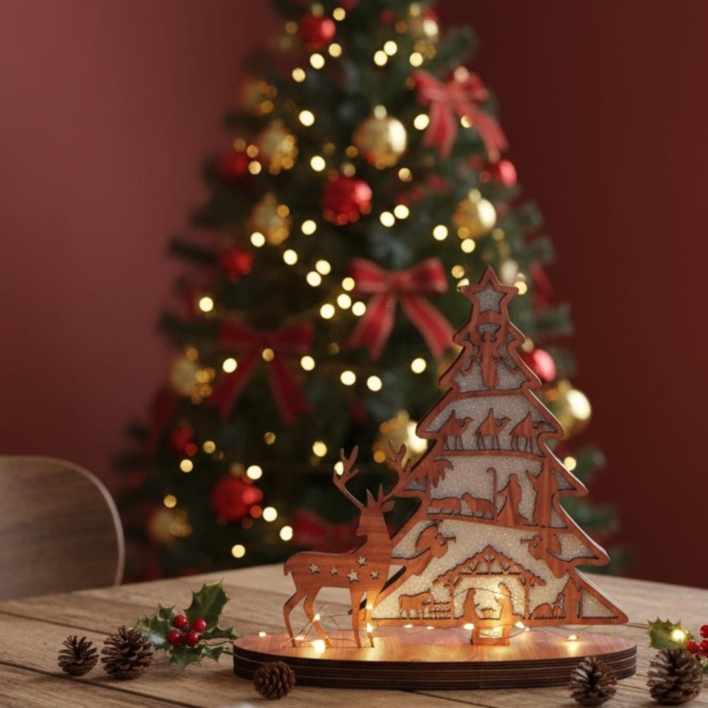 Wooden Christmas Tree Shape Ornaments Luminous Design New Year Easter Ativity Advent Scene Decor Handcrafted Elk Tabletop Decor