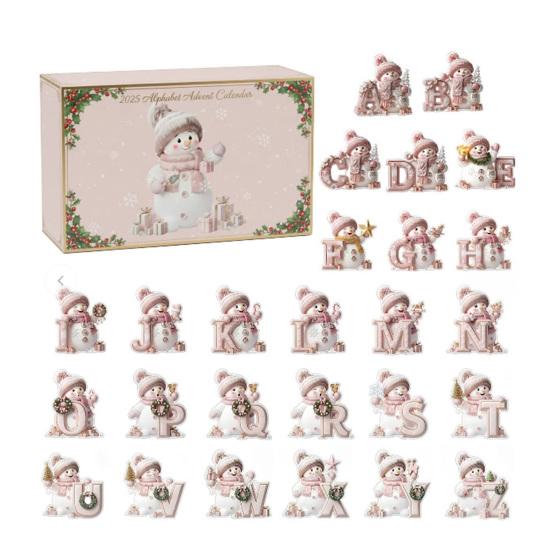 Yousheng Alphabet Snowman Advent Calendar 2025 26 Days Pink Acrylic Christmas Countdown Ornaments with Letters A to Z Cute Hanging Decor for Tree