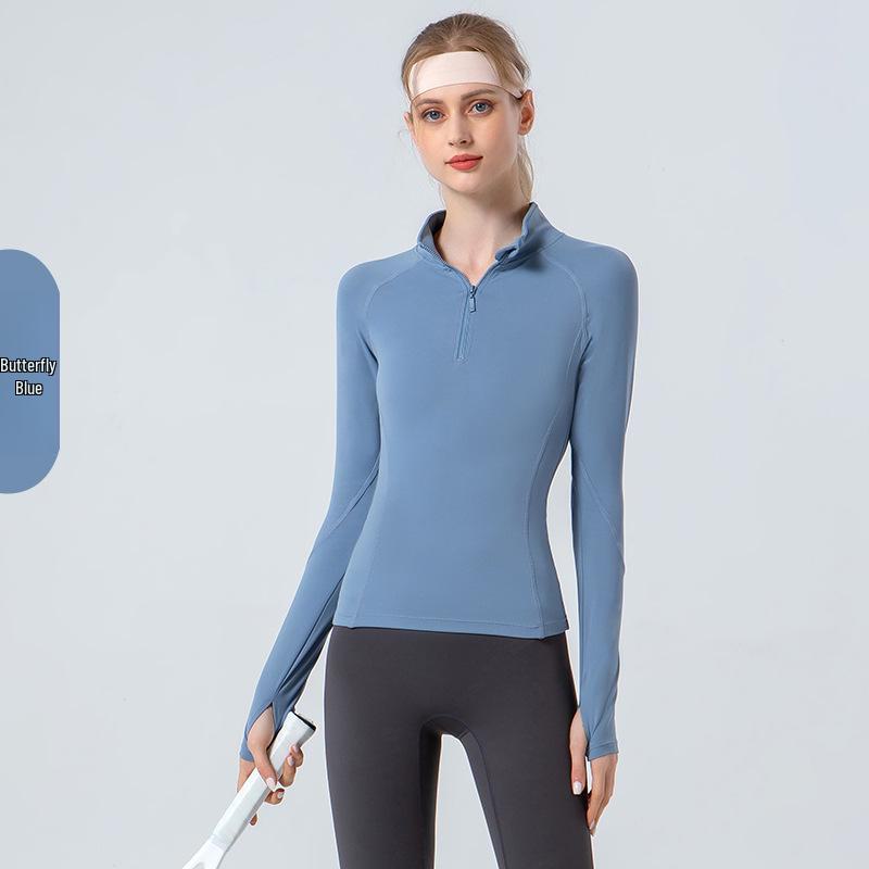 

Женская куртка для йоги весна/лето: Воротник-стойка, полузастежка-молния, облегающий крой, длинный рукав, высокоэластичная, быстросохнущая, мягкая одежда для фитнеса. Large