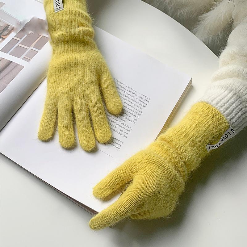 Dopamine dew finger gloves women's warm and cold-proof long winter solid color blended knitted five fingers