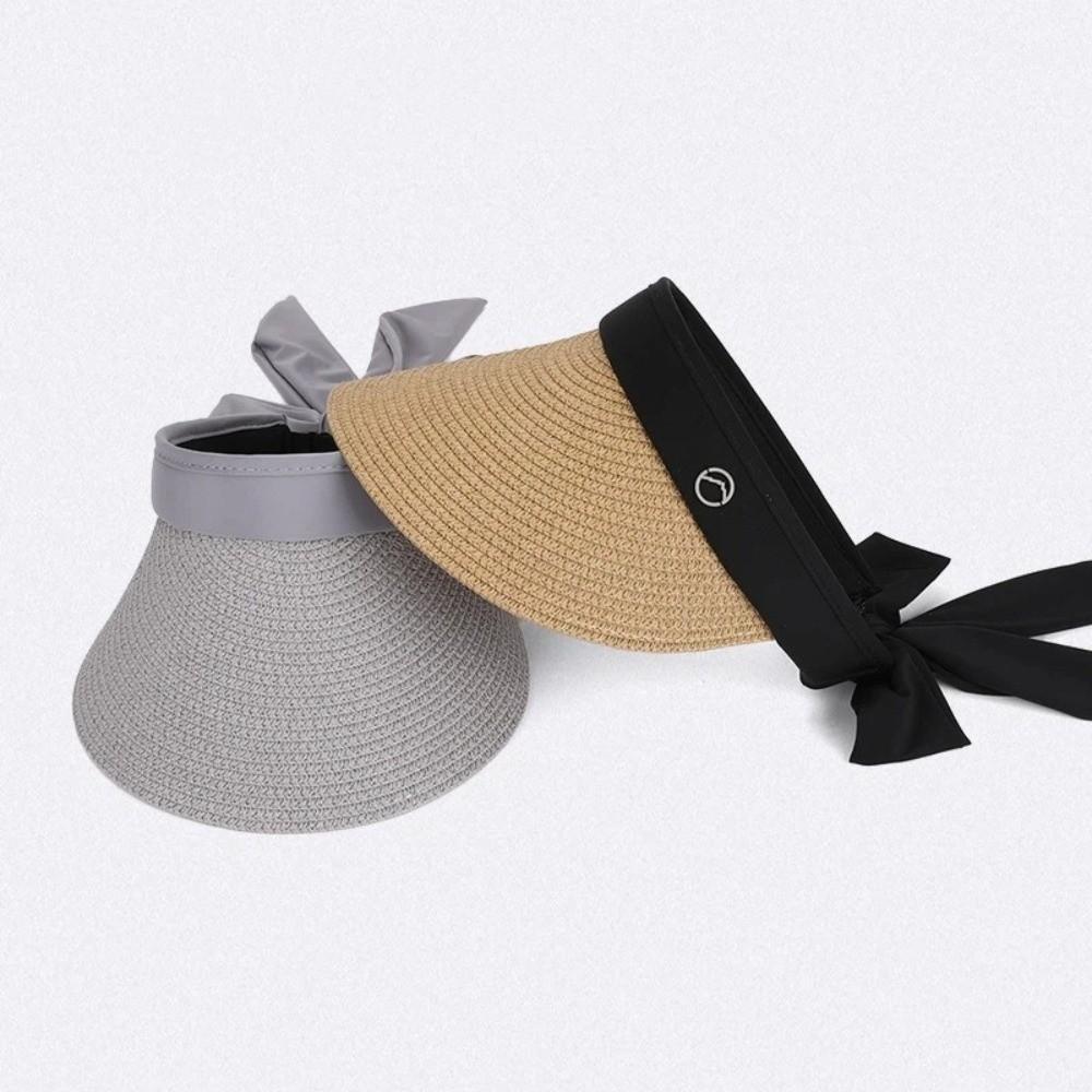 Ribbon Strap Straw Beach Hat Breathable Visor Hat Fashion Empty Top Hat  Summer