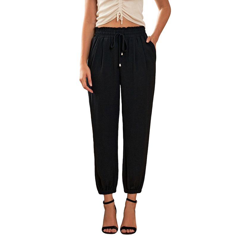 

American Acelitt Solid Simple Commuter Versatile Casual Pants Women Summer Elastic Waist Lace-up Ankle-Tied Pants Women Black 2XL