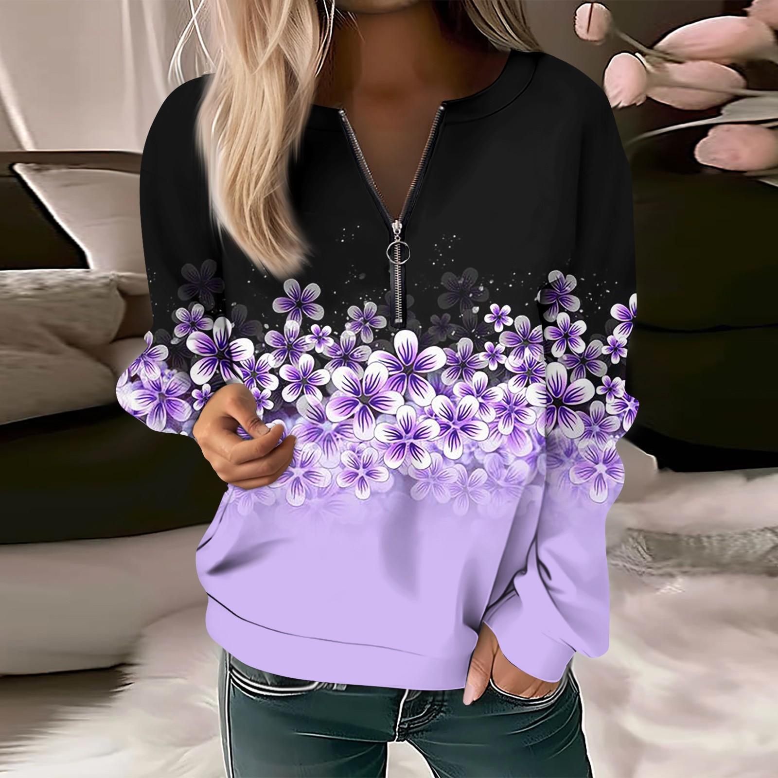 

Женский повседневный свитер с длинным рукавом, на молнии, с принтом цветов, свитшот, повседневная верхняя одежда на осень XL фиолетовый