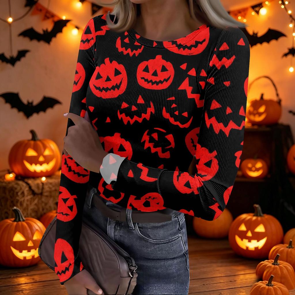 Women's Casual Long Sleeve Ribbed Top Crew Neck Halloween Print Slim Fit Stretchy Lightweight Shirt for Everyday Wear