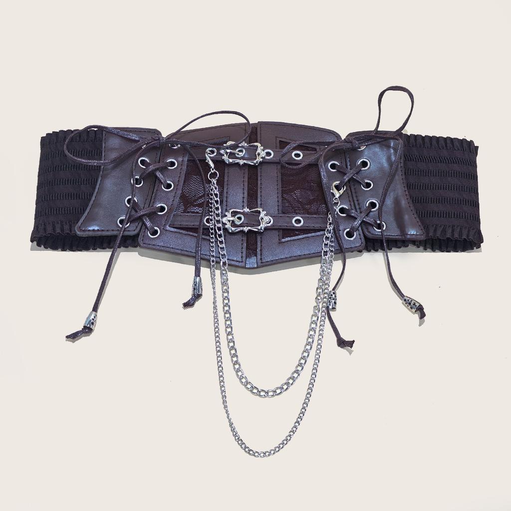 Lace Corset Punk Black Wide Belt With Chain Pu Leather Slimming Body Belts for Women Elastic High Waist Belt Female Cummerbunds