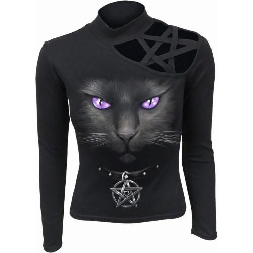Spiral Direct Womens/Ladies Black Cat Pentagram Shoulder Long-Sleeved Top