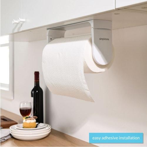 Simpletome Kitchen Paper Holder, Aluminum Alloy, Toilet Paper Holder with One-Handed Pull, Refrigerator Hook, Wall Mounted, Adjustable Hook (White)