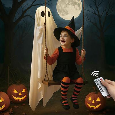 5 FT Hanging Swing Ghost Halloween Decoration LED Lighted Outdoor Large White Ghost Swinging Halloween Decor for Yard Tree Front Porch
