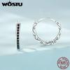 WOSTU 925 Sterling Silver Classical Round Balck Cz Hoop Earrings For Women Wedding Dangle Drop Earring Clips Party Jewelry Gift