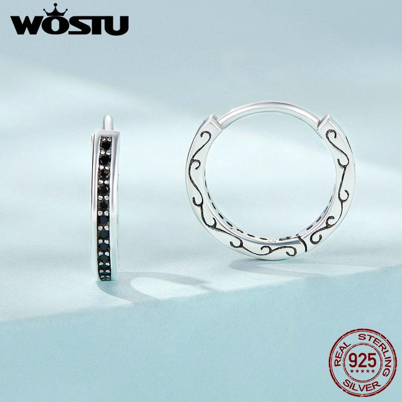 WOSTU 925 Sterling Silver Classical Round Balck Cz Hoop Earrings For Women Wedding Dangle Drop Earring Clips Party Jewelry Gift
