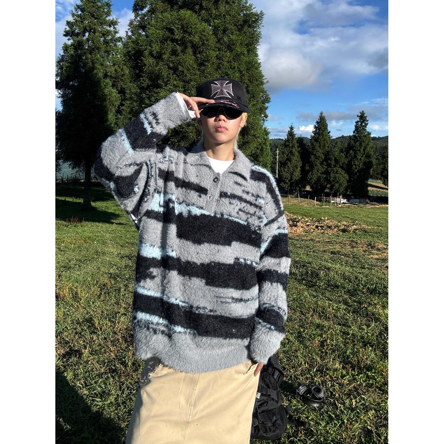 Men s High-End Striped Mink Fur Polo Collar Knit Sweater for Autumn/Winter M серый