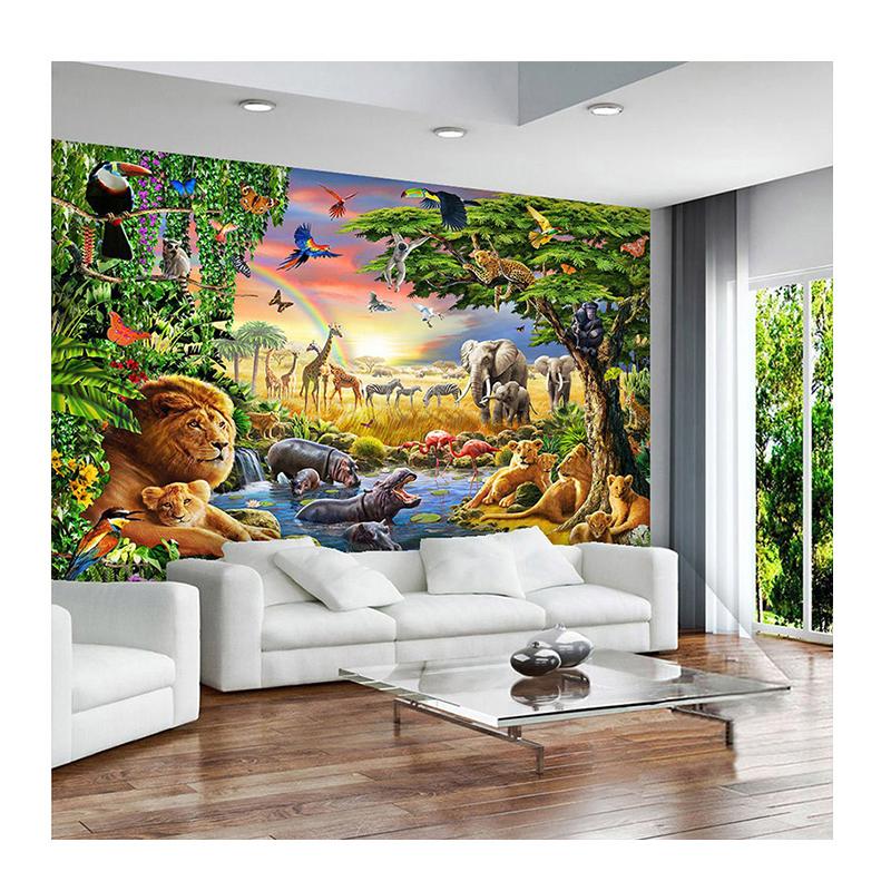 3D Wallpaper Rainbow Sky Green Forest Animal Elephant Lion  Mural Living Room Kid's Art Murals