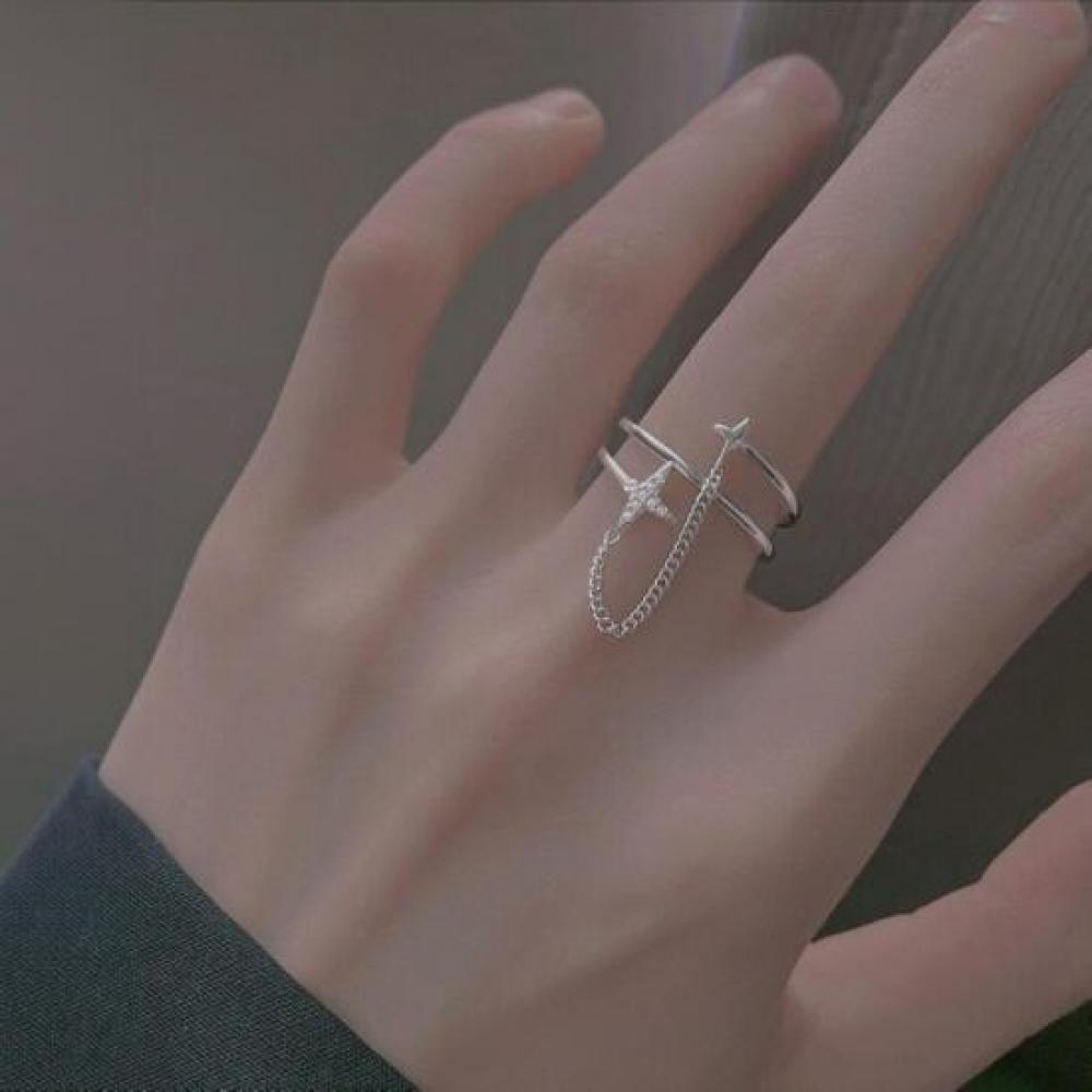 New Arrivals Open Run Star Ring Layered Chain Cubic Thin Street Silver