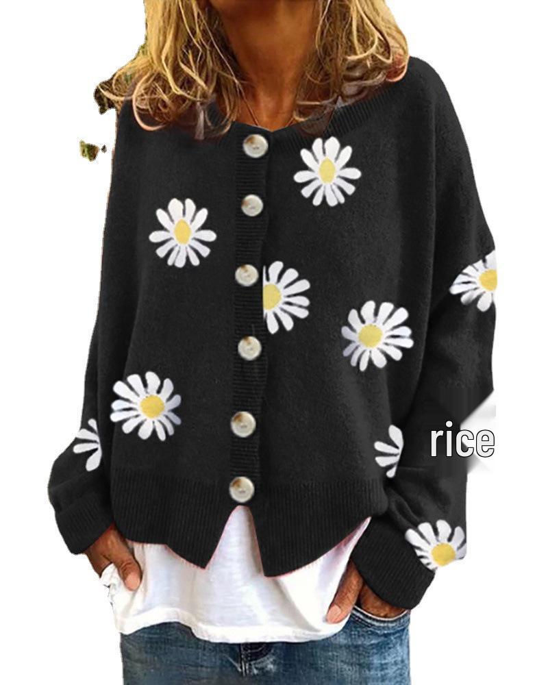 Autumn & Winter Chrysanthemum Embroidered Women's Knit Cardigan Sweater