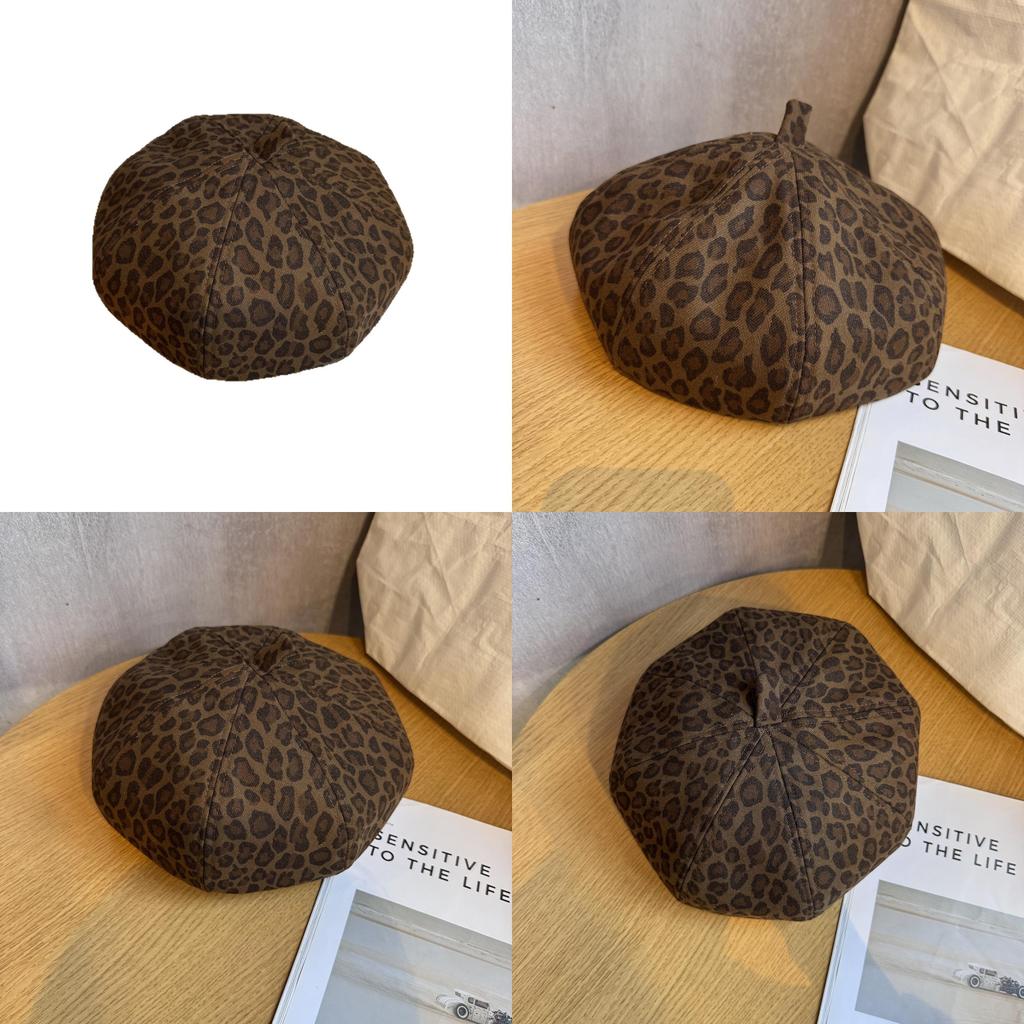 Leopard Print Beret For Women Vintage Fashion Warm Soft Leather Fall Accessory