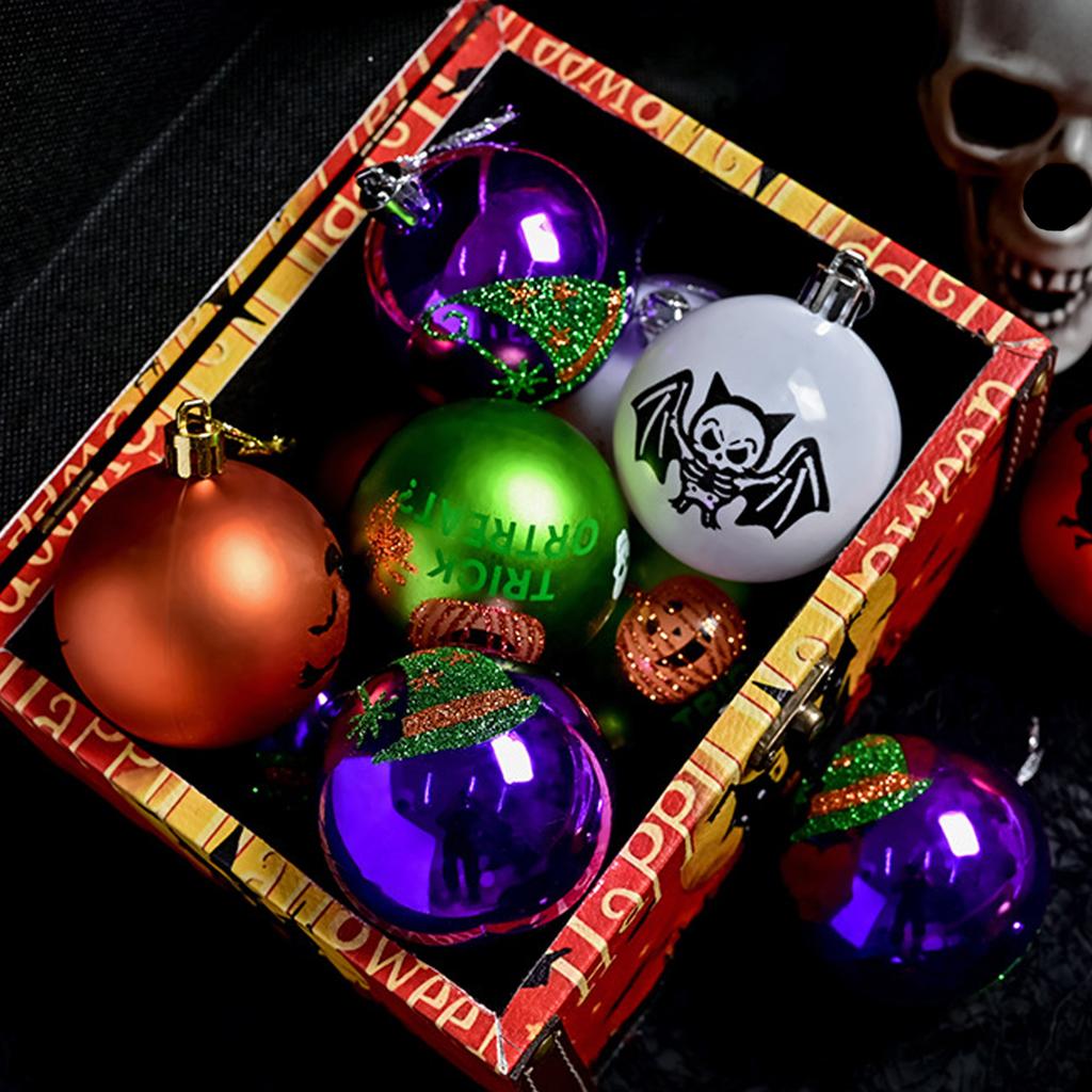 Dark Skeleton Pumpkin Ball Set 6cm - Halloween Painted Electroplated Ornaments for Party Tree Hanging Porch Decor