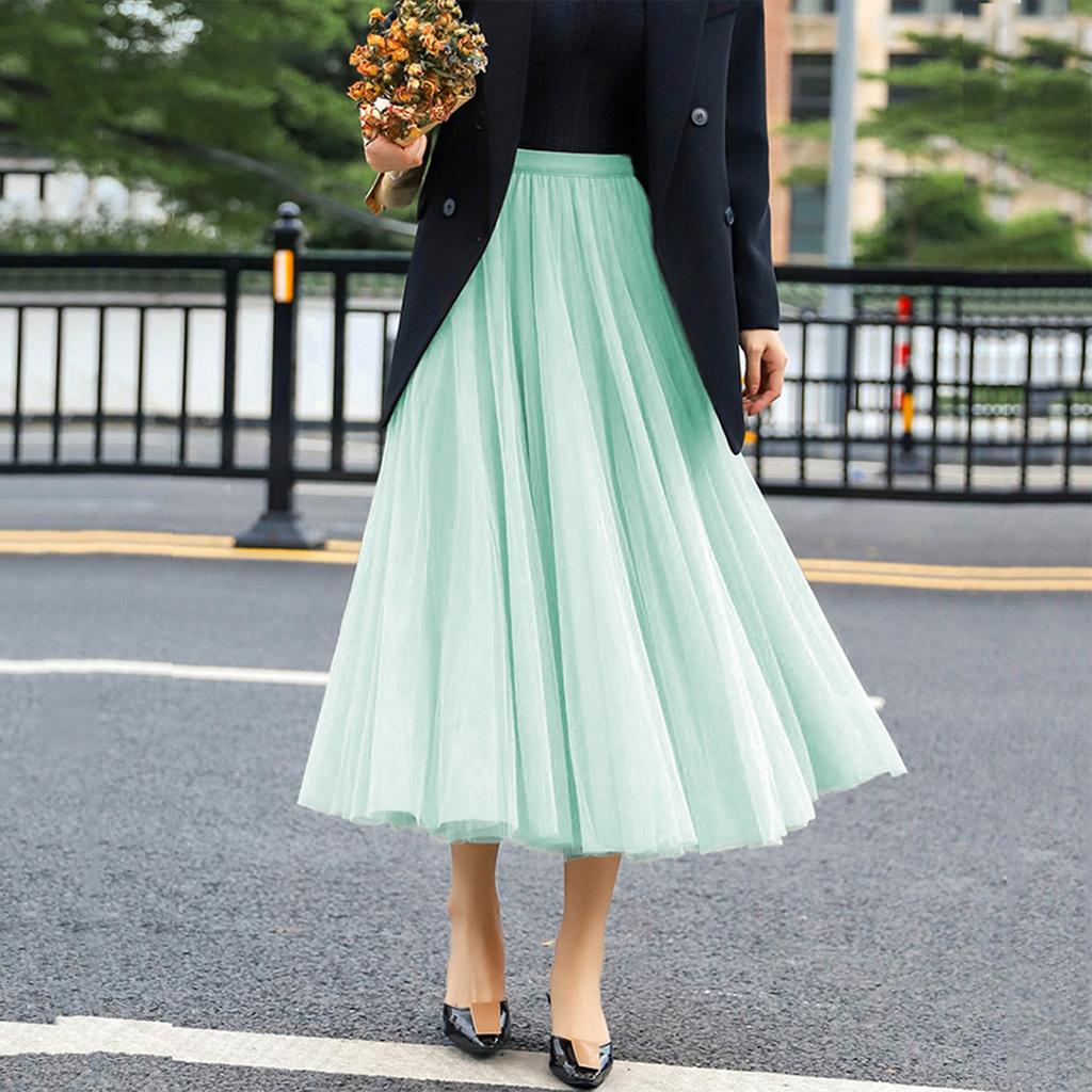 Women's Fashionable Color Loose Mesh Skirt, Elastic High Waist Large Swing Skirt, Pleated Skirt
