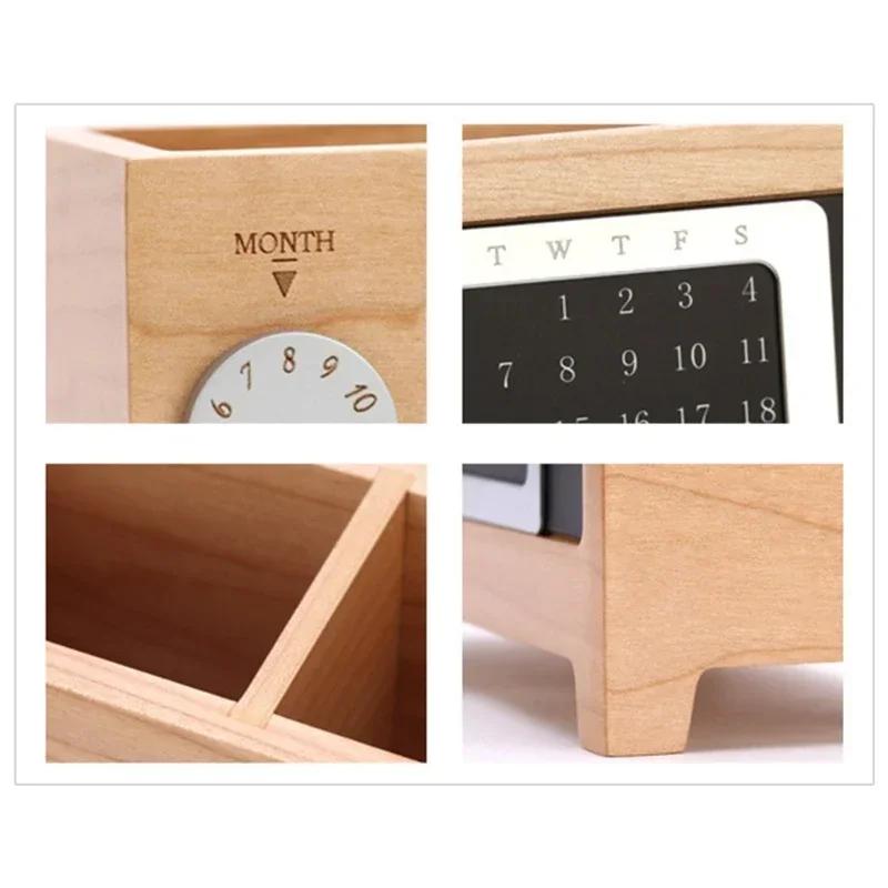 Multifunctional Wooden Desktop Organizer - Calendar & Pen Pencil Holder for Home Office