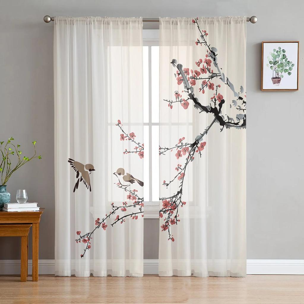 Plum Blossom Bird Chinese Style Tulle Translucent Drapes for Living Room Decoration Window Opening Drape for Bedroom Voile Organza Drapes