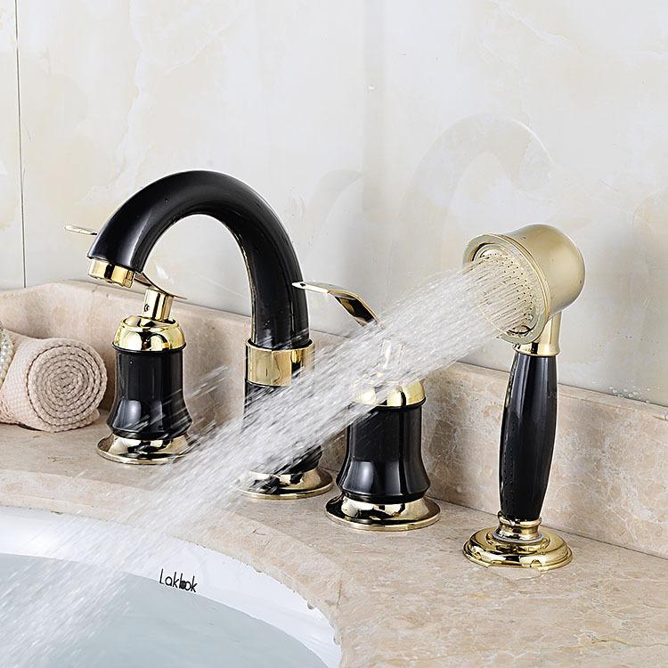 Double Handles Black Golden-Plated 4 Bathroom Wash Basin Faucet Sink Brass Vessel Bathtub Torneira Tap Mixer Faucet White