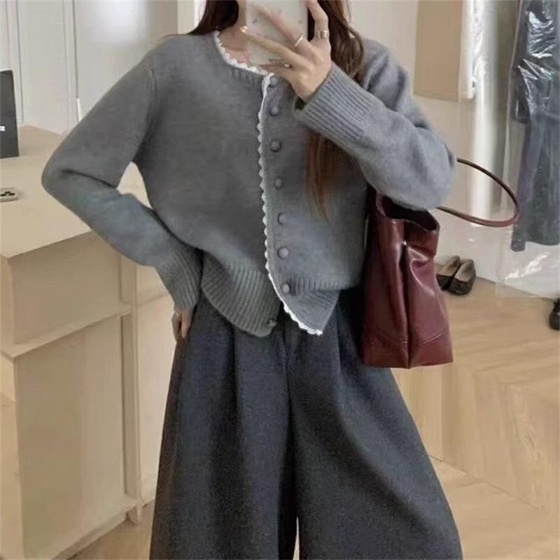 Crew neck sweater women's autumn new temperament lace knitted cardigan jacket top women