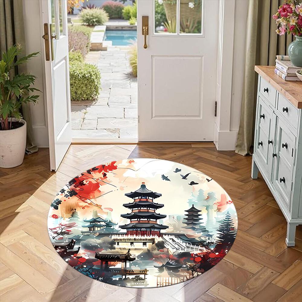 Chinese-style Architecture Round Carpet Perfect for Dormitory Foyer Balcony Living Rooms Anti-slip Round Rug Decorate Offices Best for Christmas
