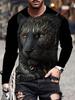 Men Black & White Lion Print Long Sleeve T‑Shirt Spring & Autumn Daily Casual Streetwear Top