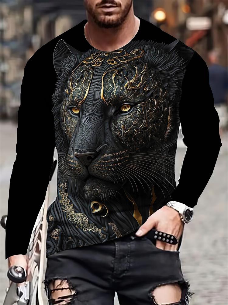 Men Black & White Lion Print Long Sleeve T‑Shirt Spring & Autumn Daily Casual Streetwear Top