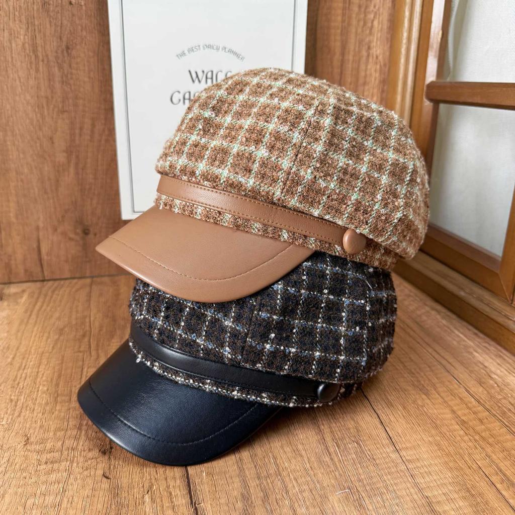 Tweed plaid fashion octagonal hat Children's autumn and winter British versatile newsboy hat Cold and warm temperament cap