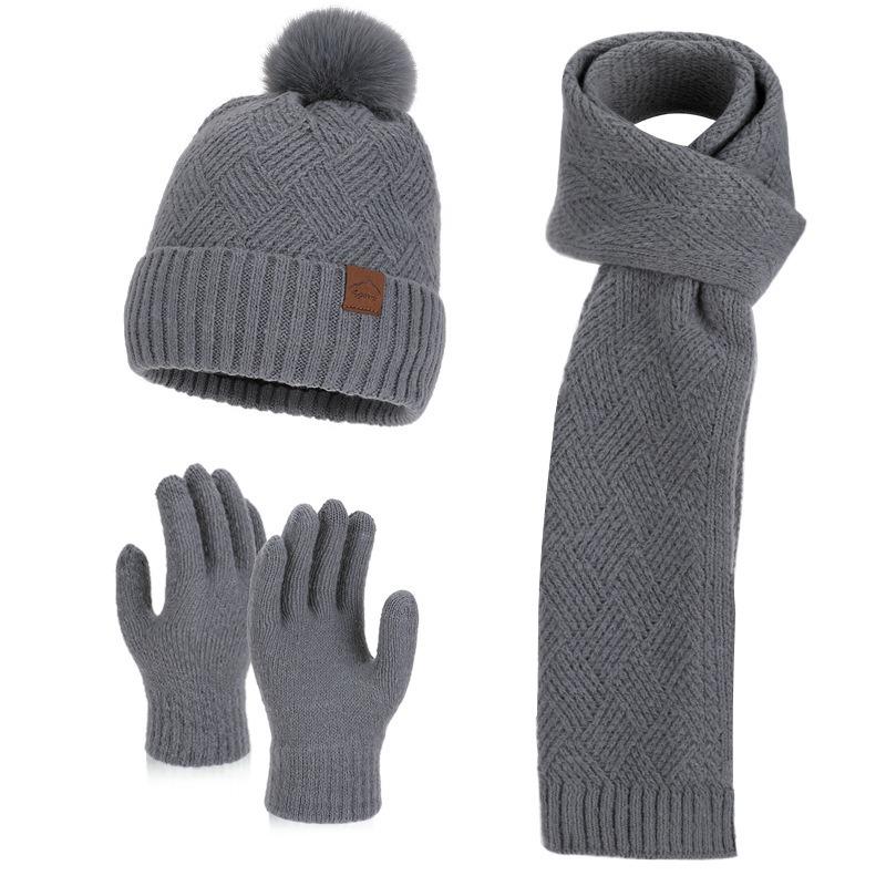 Winter Korean Style Fashion Knitted Wool Hat for Women Warm Hat Scarf and Gloves Three-Piece Set with Ear Protection Beanie
