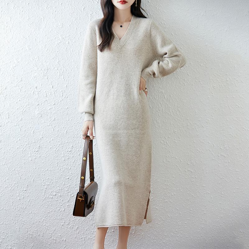 Women Sweater Dress 100% Wool MODERN NEW SAGA V-neck Knit Long Pullover Winter Jumpers Wool Long Dress Female