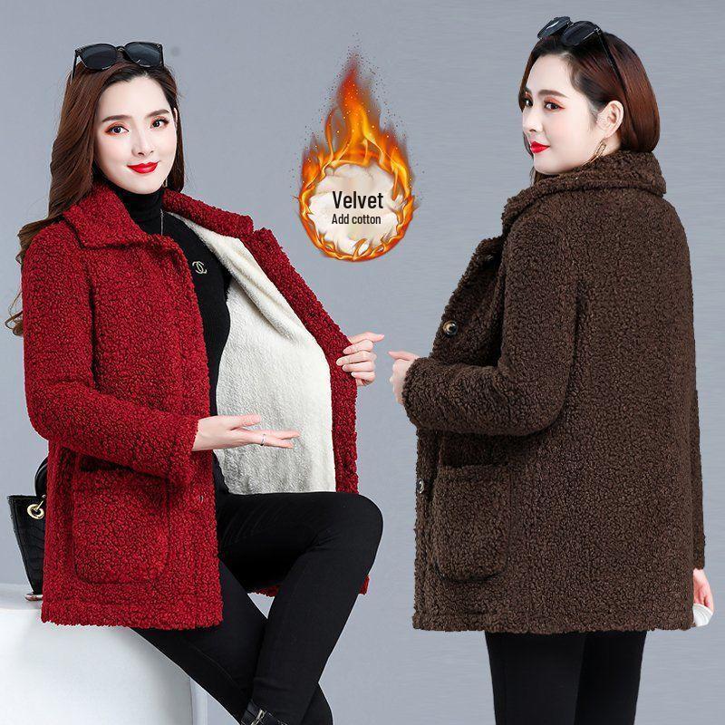 Women's Plus Size Fleece Short Coat with Velvet & Lamb Wool for Autumn & Winter – Fashionable & Warm for Middle-aged & Elderly