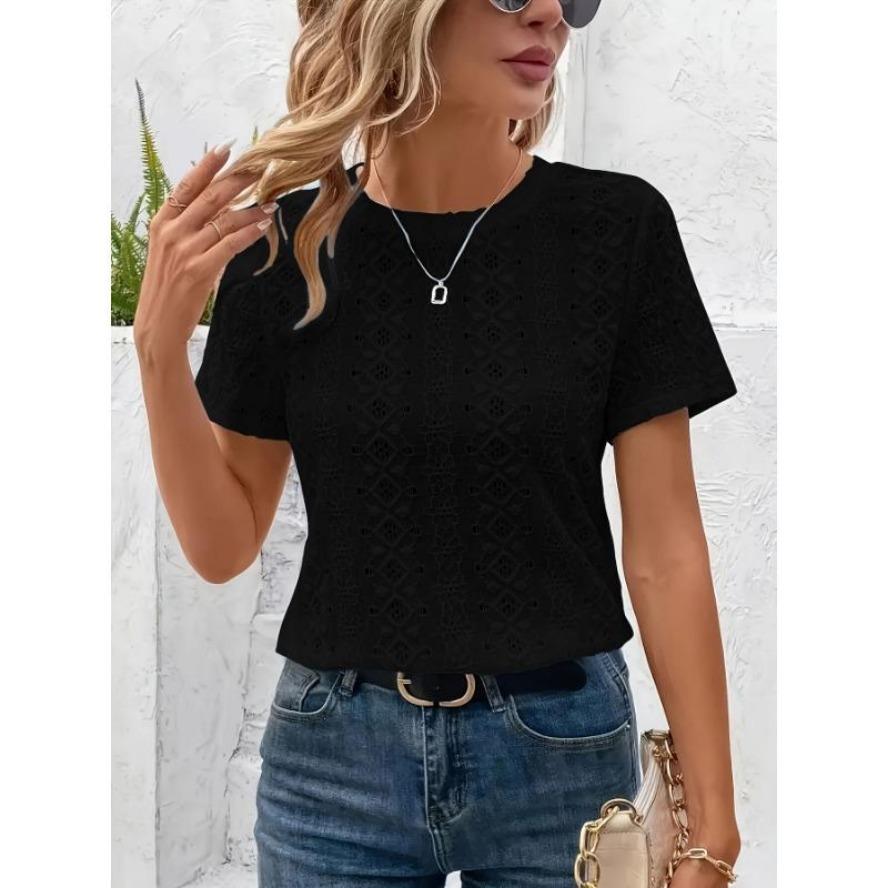 YYFS Damenmode, lässig, Sommer, Frühling, einfarbig, bedruckt, kurzärmelig, O-Ausschnitt, Blusen und Hemden