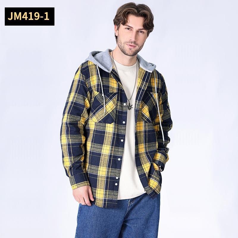 Przytulna męska koszula flanelowa z kapturem, casualowa koszula w kratę zapinana na guziki, stylowa koszula z długim rękawem z kieszenią