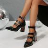 Fashion Large Size High Heels T-Strap Thick Heel Sandals Women's Fashion Shoes Cross-Border Polyurethane Upgraded Sexy Pointed Toe